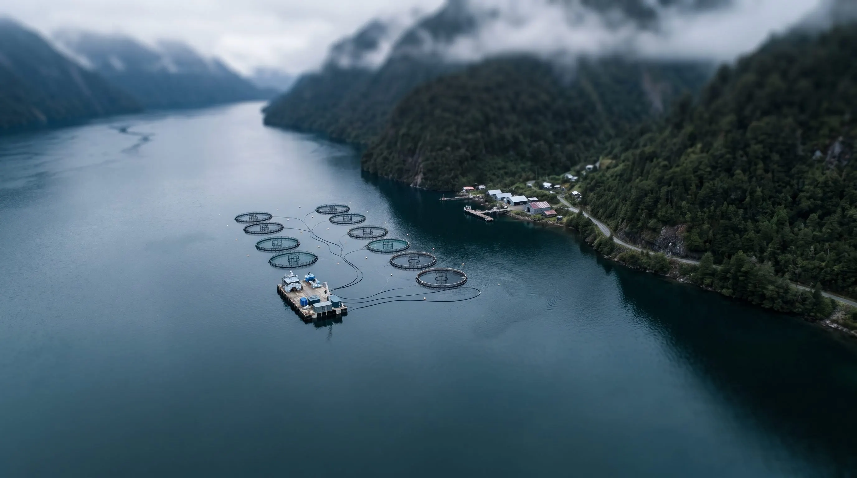 Representación de un centro de cultivo en un fiordo: pontón de alimentación, jaulas circulares unidas por líneas flotantes y una base en tierra junto a la costa.